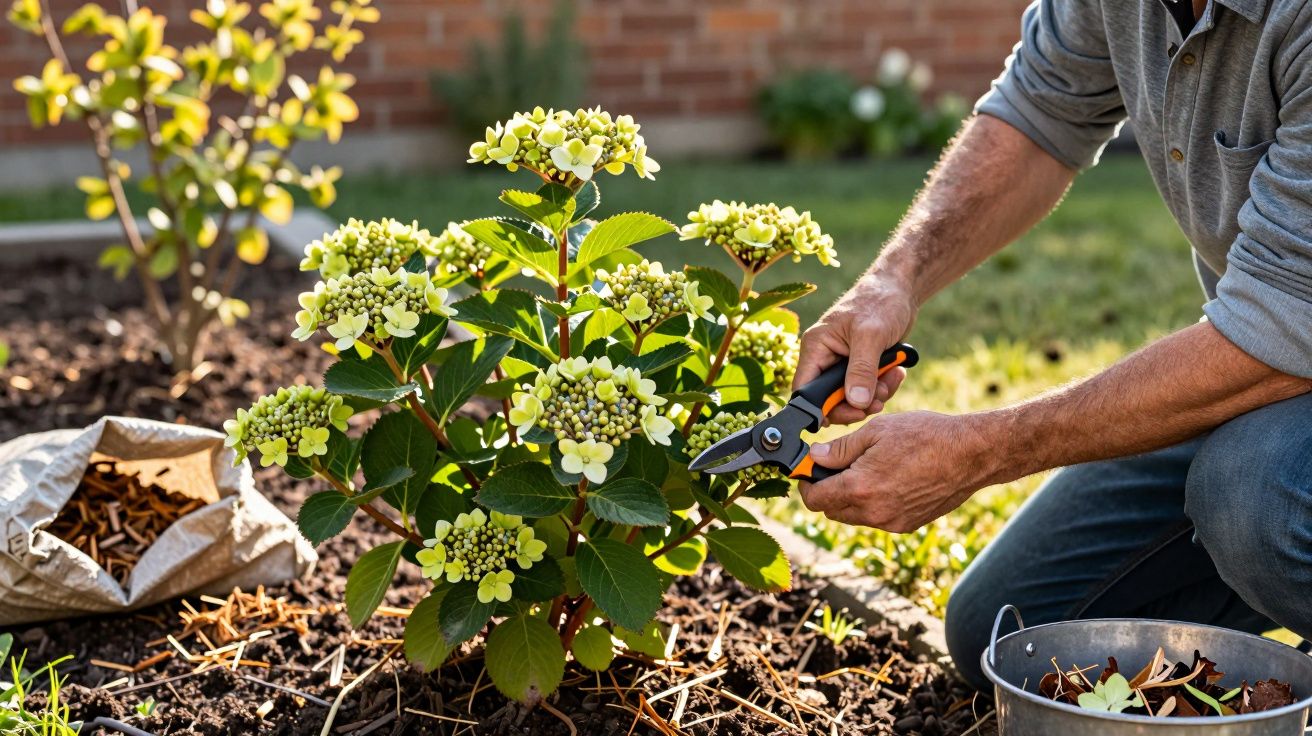 Pessoa a cuidar de uma planta com flores brancas e verdes num jardim ensolarado.