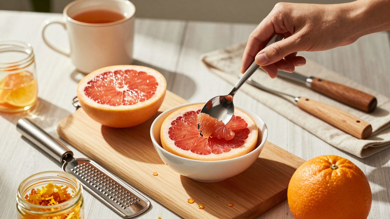 Mão a colher polpa de toranja em tigela, rodeada de laranja, mel, chá e utensílios de cozinha.