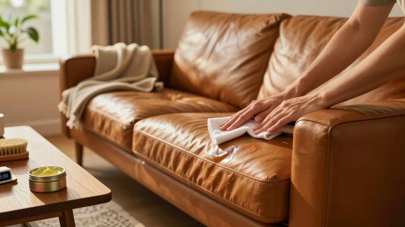 Mãos a limpar um sofá de couro castanho com um pano branco numa sala iluminada.