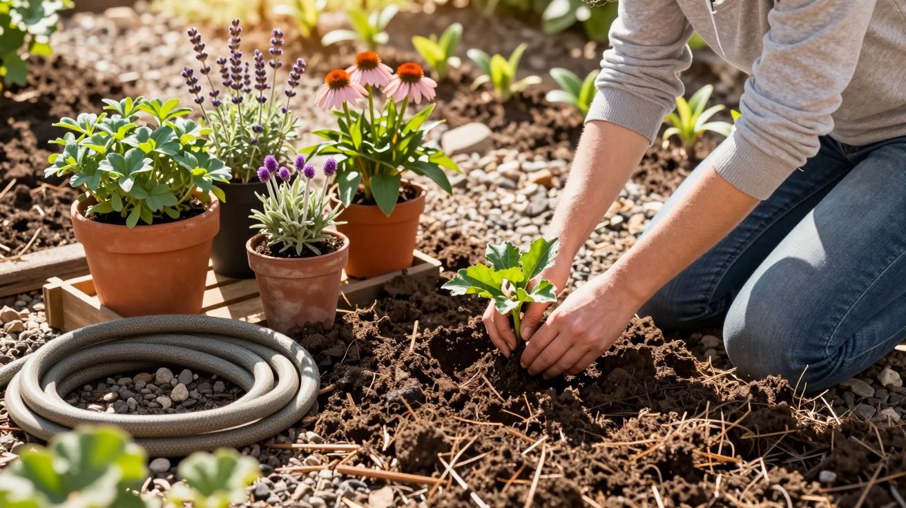 Pessoa a plantar muda de planta num jardim com vasos de flores e mangueira ao lado.