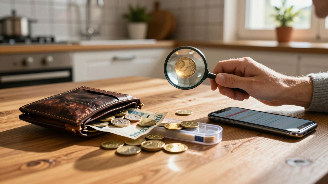 Carteira com euros, moedas espalhadas, telemóvel e mão a segurar lupa sobre moeda numa mesa de madeira.