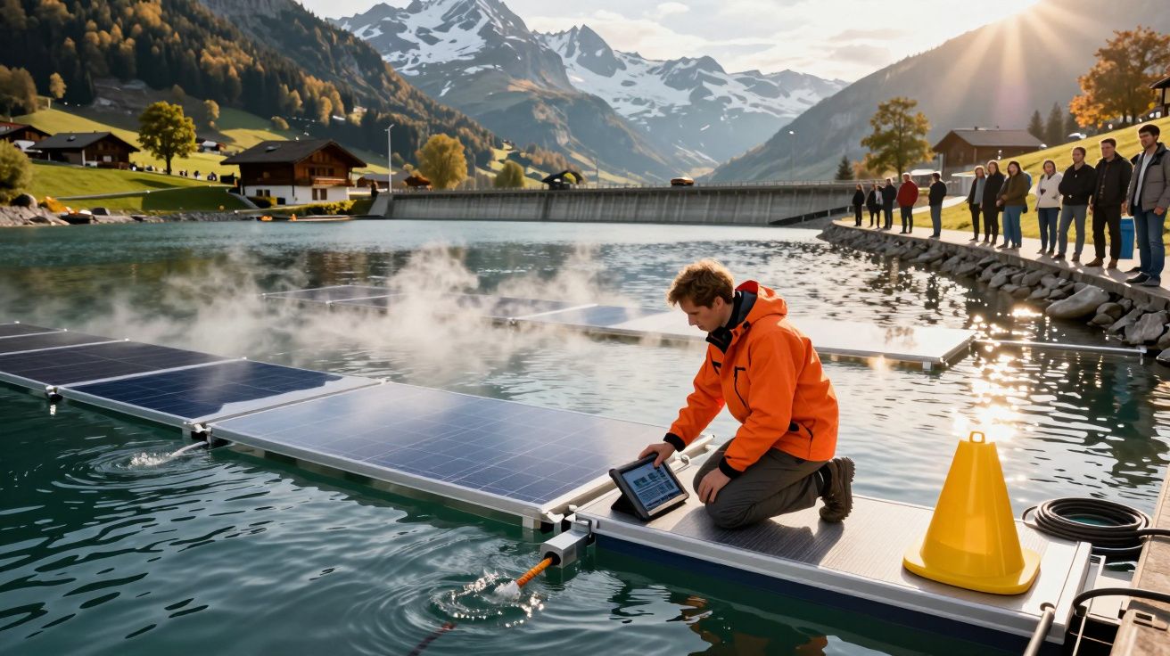 Pessoa com casaco laranja a operar painéis solares flutuantes num lago rodeado por montanhas nevadas.