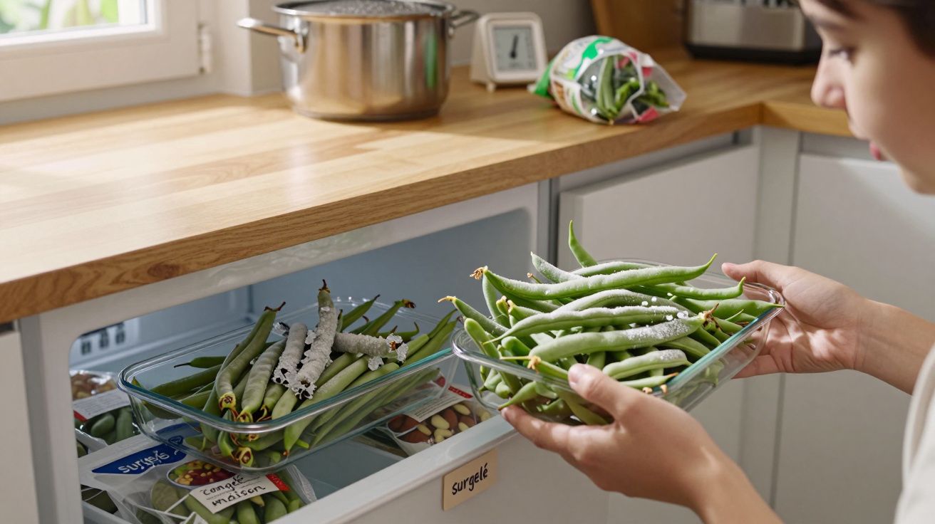 Pessoa a segurar um tabuleiro de vidro com feijão verde, estando o frio aberto e com feijão semelhante no interior.
