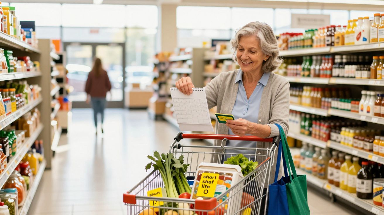 Senhora sénior a fazer compras no supermercado, a consultar lista e cartão bancário junto ao carrinho.