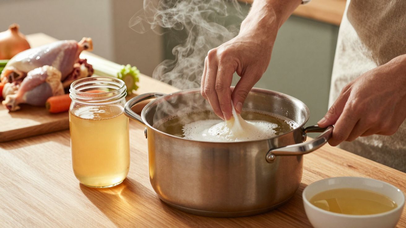 Pessoa a coar espuma de caldo a ferver num tacho, com frango cru e legumes ao fundo.
