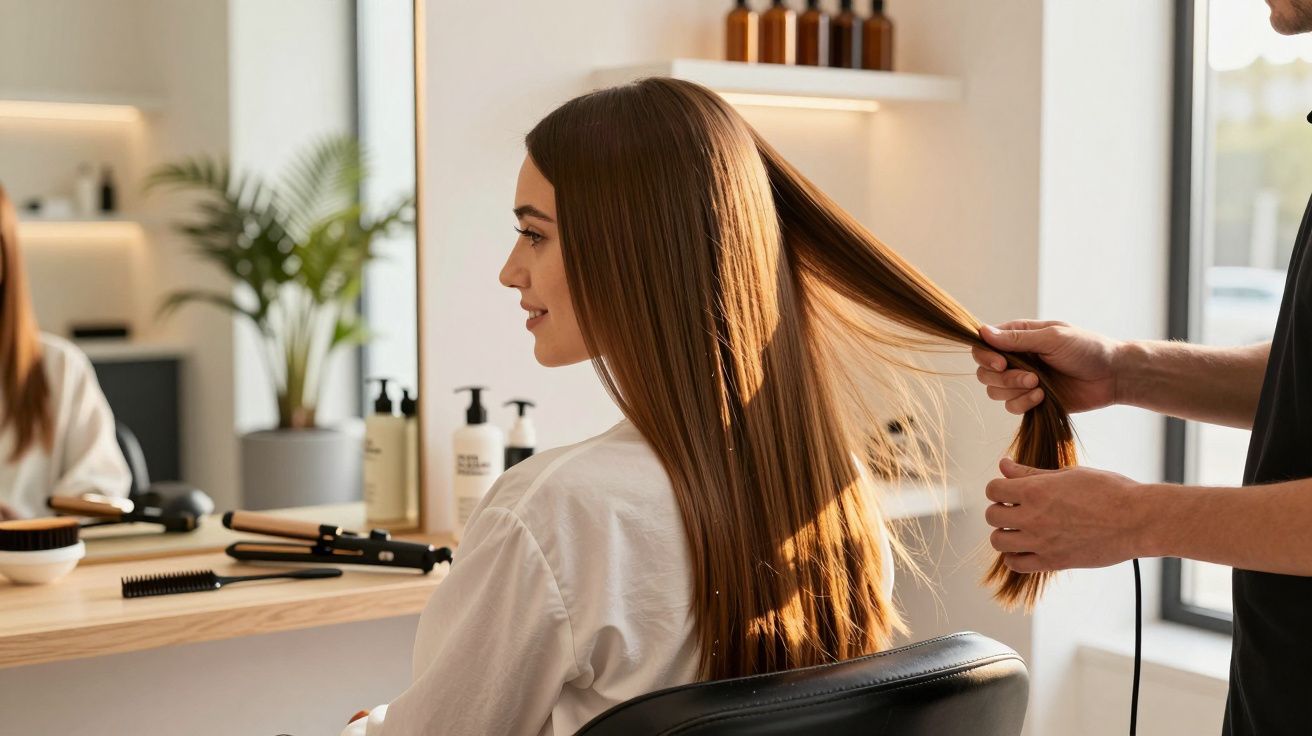 Mulher sentada num cabeleireiro, com cabelo longo e liso sendo arranjado por profissional.