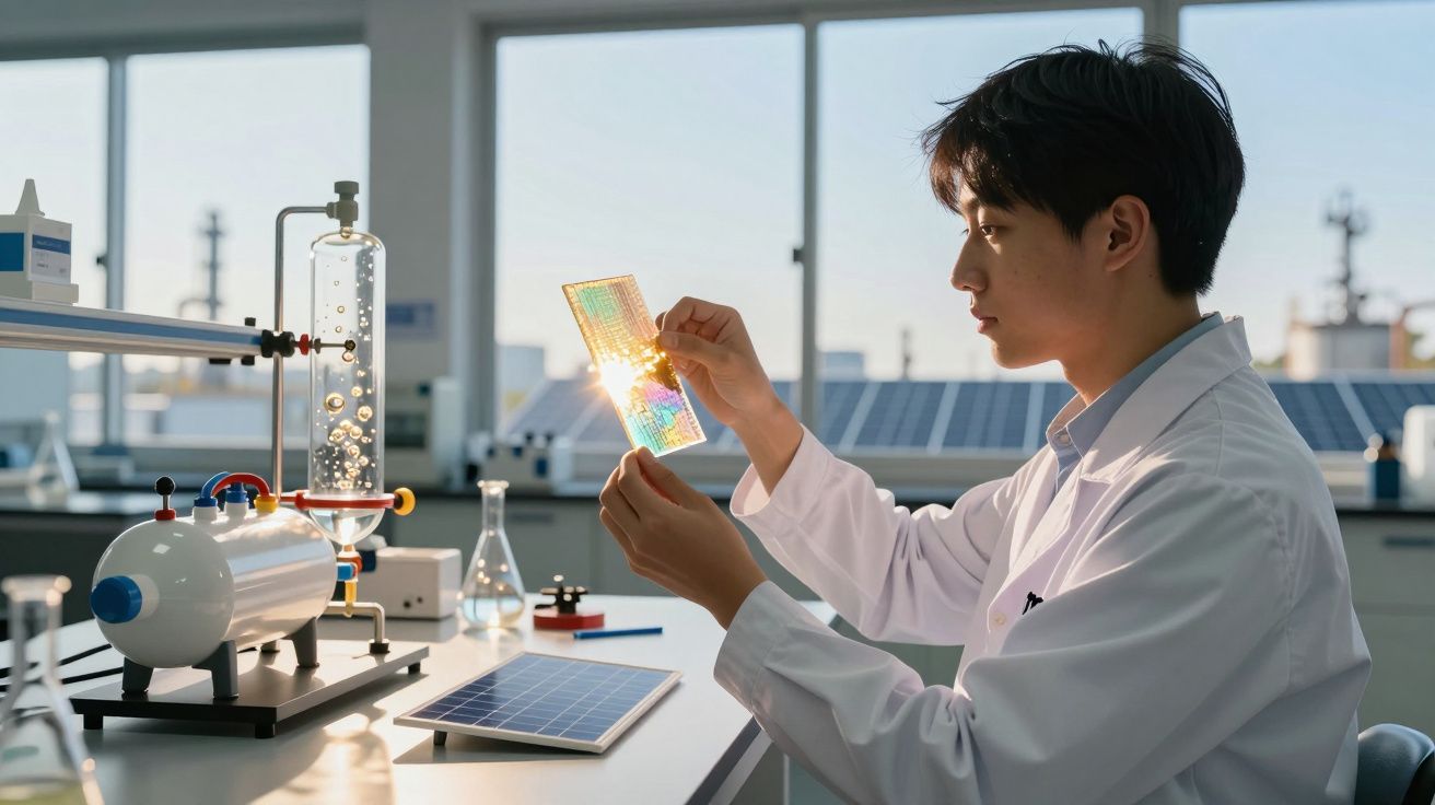 Cientista em laboratório analisa célula solar transparente enquanto raios de sol incidem na placa.