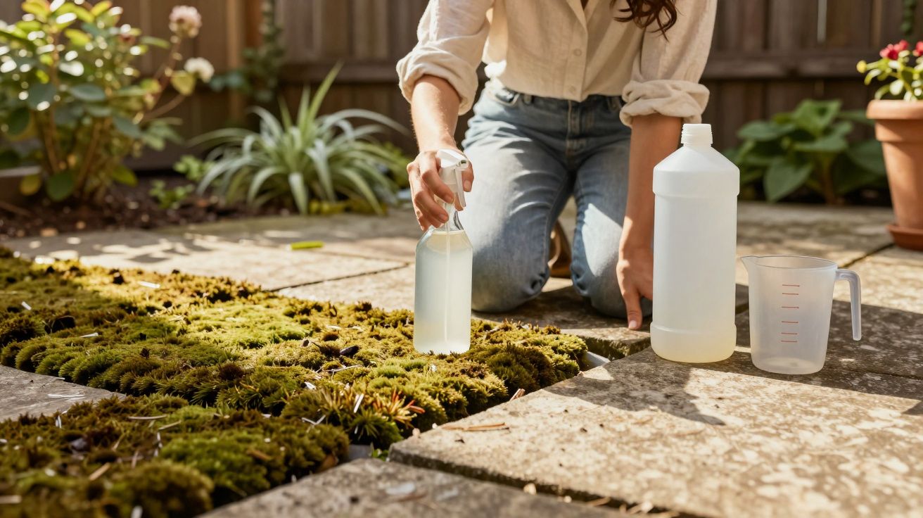Pessoa a aplicar solução num tapete de musgo num jardim com regador e recipiente de medição ao lado.