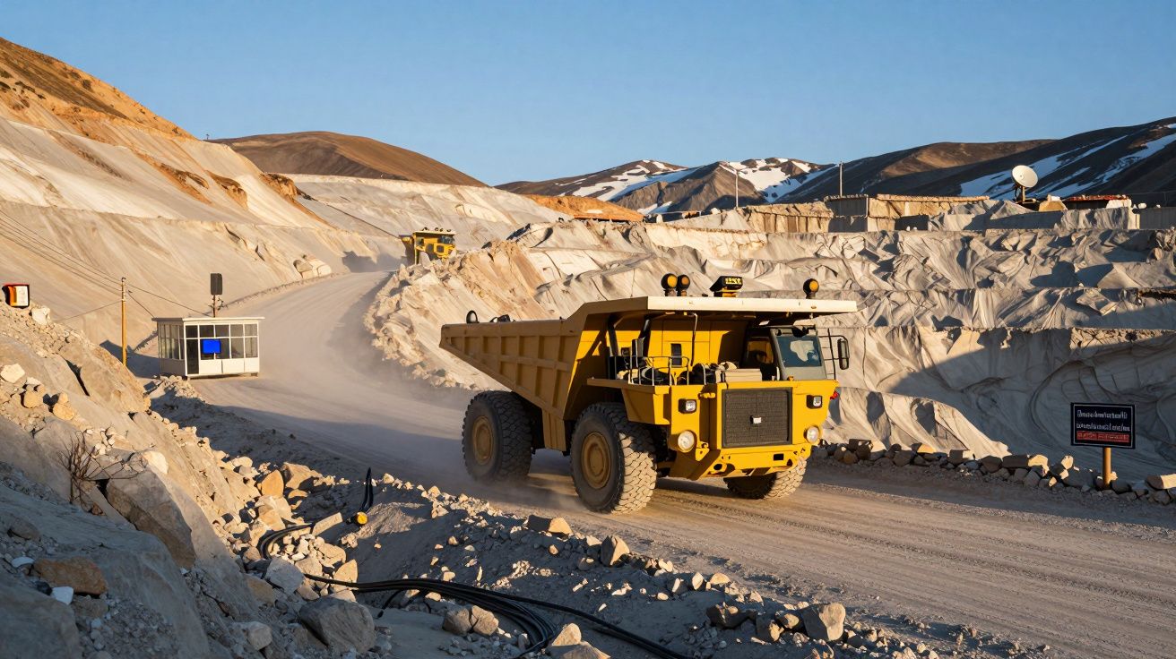 Caminhão de mineração amarelo a circular numa estrada de terra numa pedreira com montanhas ao fundo.