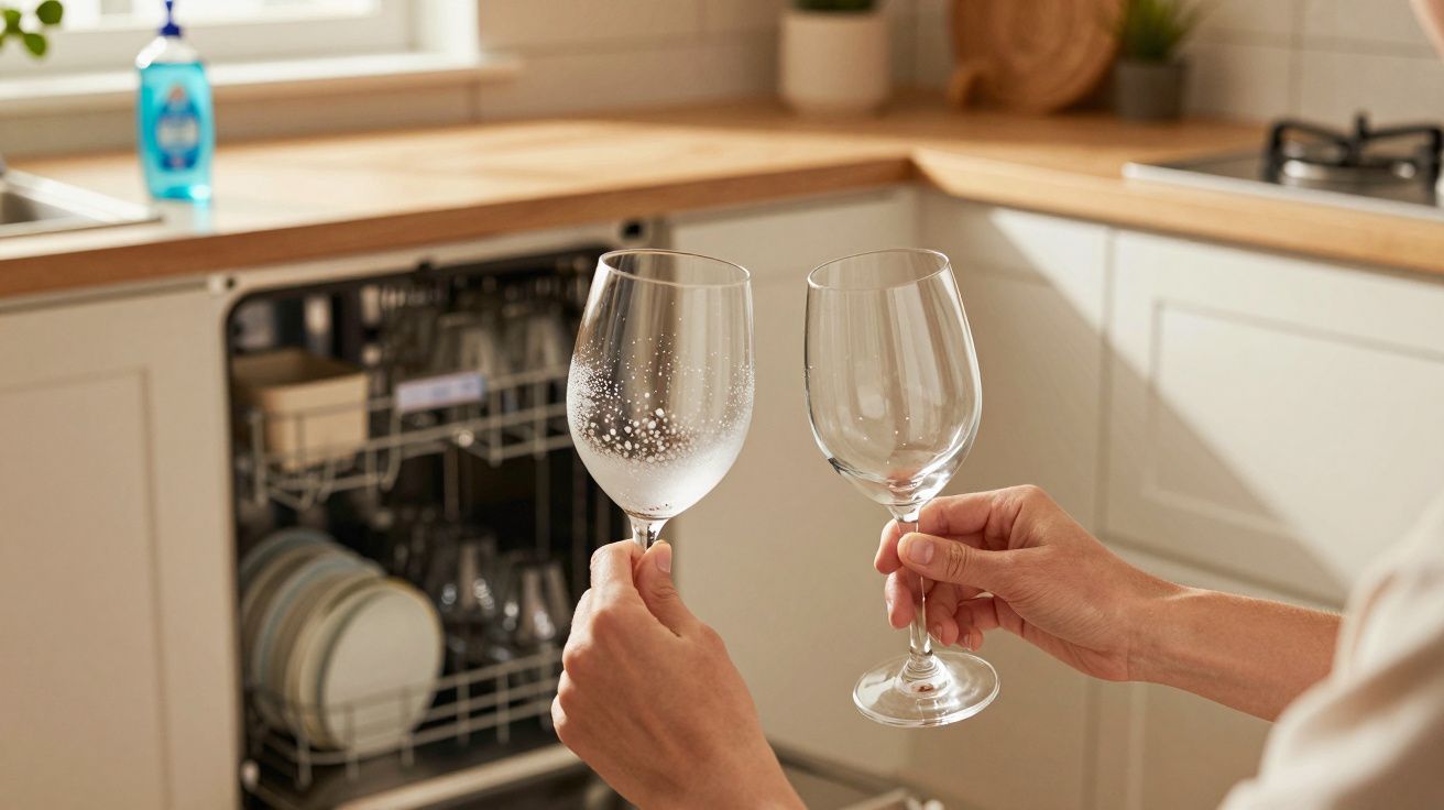 Pessoa a segurar dois copos de vinho, um lavado e outra sujo, com máquina de lavar loiça aberta na cozinha.