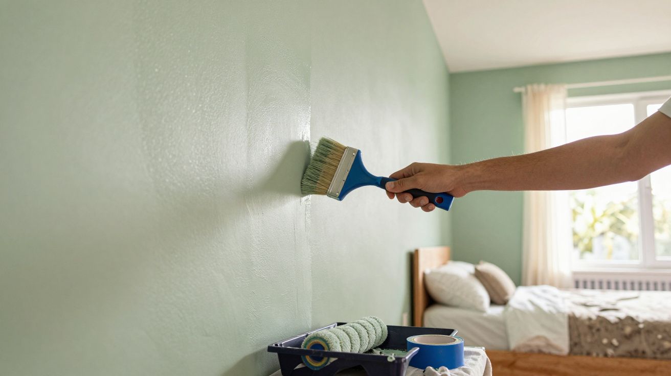 Braço de homem a pintar parede verde clara num quarto com escova de pintura azul e acessórios no chão.