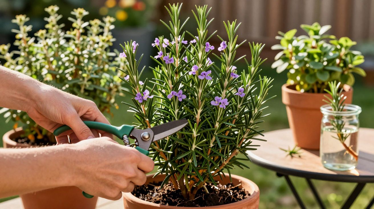 Pessoa a cortar ramos de alecrim florido num vaso de barro num jardim com outras plantas ao fundo.