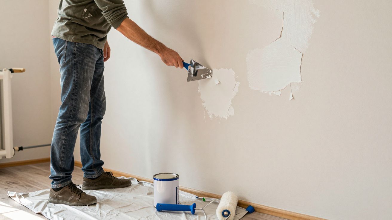 Pessoa a remover tinta descascada de uma parede usando espátula, com materiais de pintura no chão.