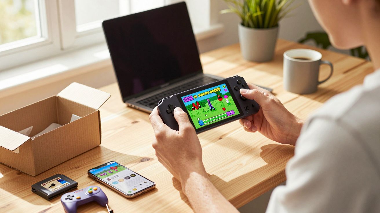 Pessoa a jogar videojogo portátil num escritório com portátil, telemóvel e comandos numa mesa de madeira.