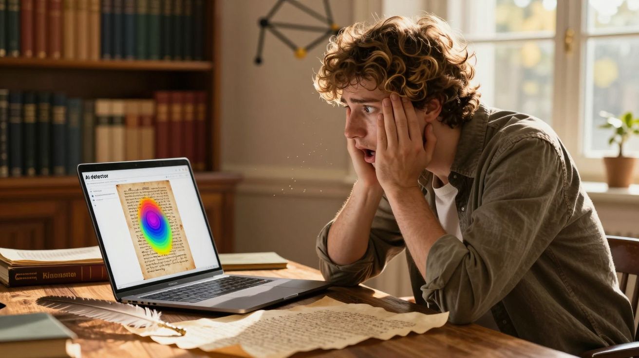 Jovem surpreso olha para ecrã de computador com análise colorida de texto antigo numa biblioteca.