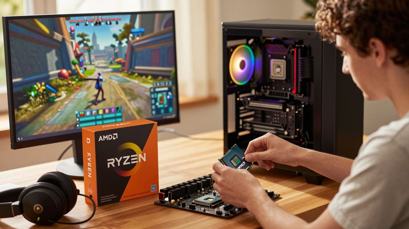 Pessoa a montar processador Ryzen AMD numa motherboard, com computador e monitor a mostrar jogo no fundo.