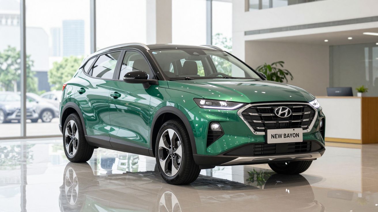 Automóvel Hyundai New Bayon verde exposto em salão de vendas moderno e luminoso.