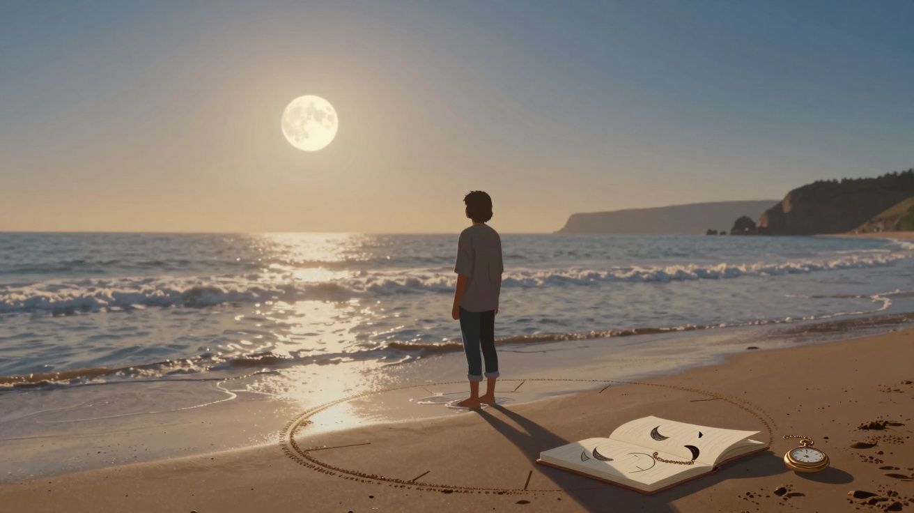 Pessoa a pé descalça na praia ao luar, com um círculo desenhado na areia, um livro aberto e um relógio de bolso.