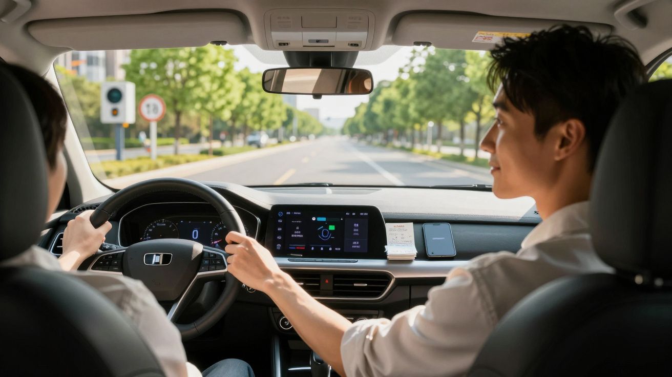Interior de um carro com duas pessoas, uma conduzindo e outra no banco do passageiro, numa estrada arborizada.