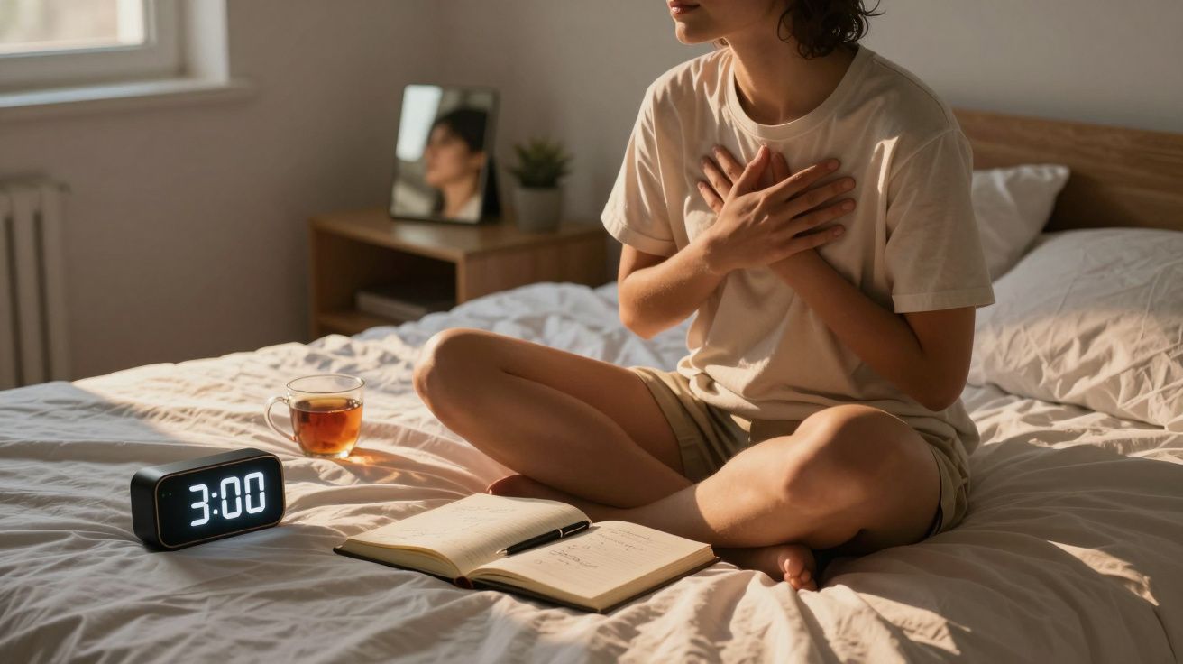Pessoa sentada na cama à luz do dia, com caderno aberto, caneca de chá e relógio digital a mostrar 3:00.