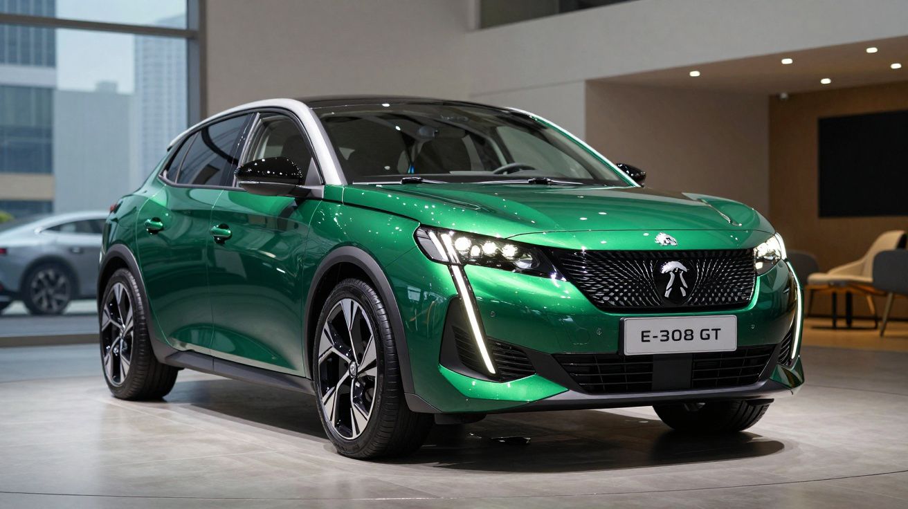 Carro desportivo verde Peugeot E-308 GT estacionado num showroom moderno.