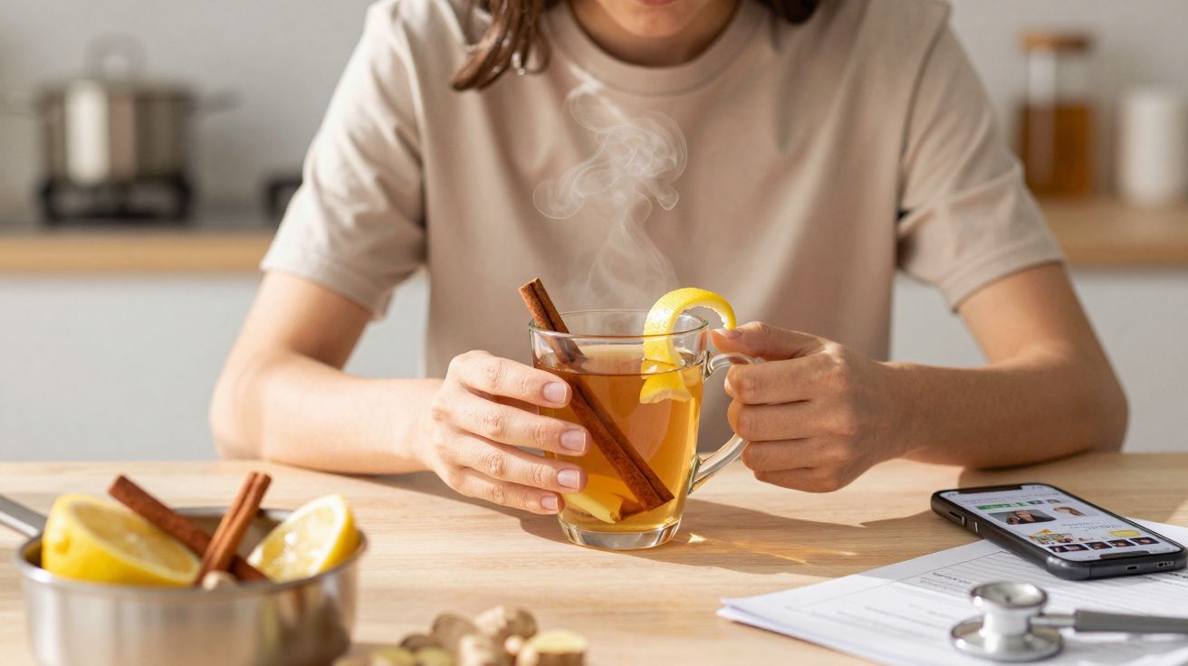 Pessoa a segurar chá quente com paus de canela e fatia de limão, em cozinha luminosa e moderna.