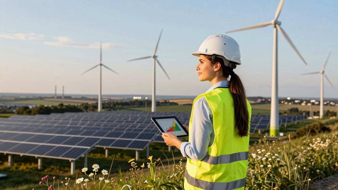 Engenheira com colete refletor e capacete inspecciona painéis solares e turbinas eólicas ao pôr do sol.