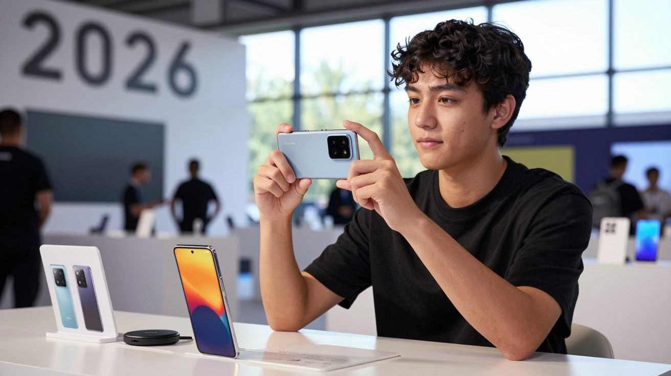 Jovem a tirar foto com smartphone em exposição tecnológica dentro de salão moderno.