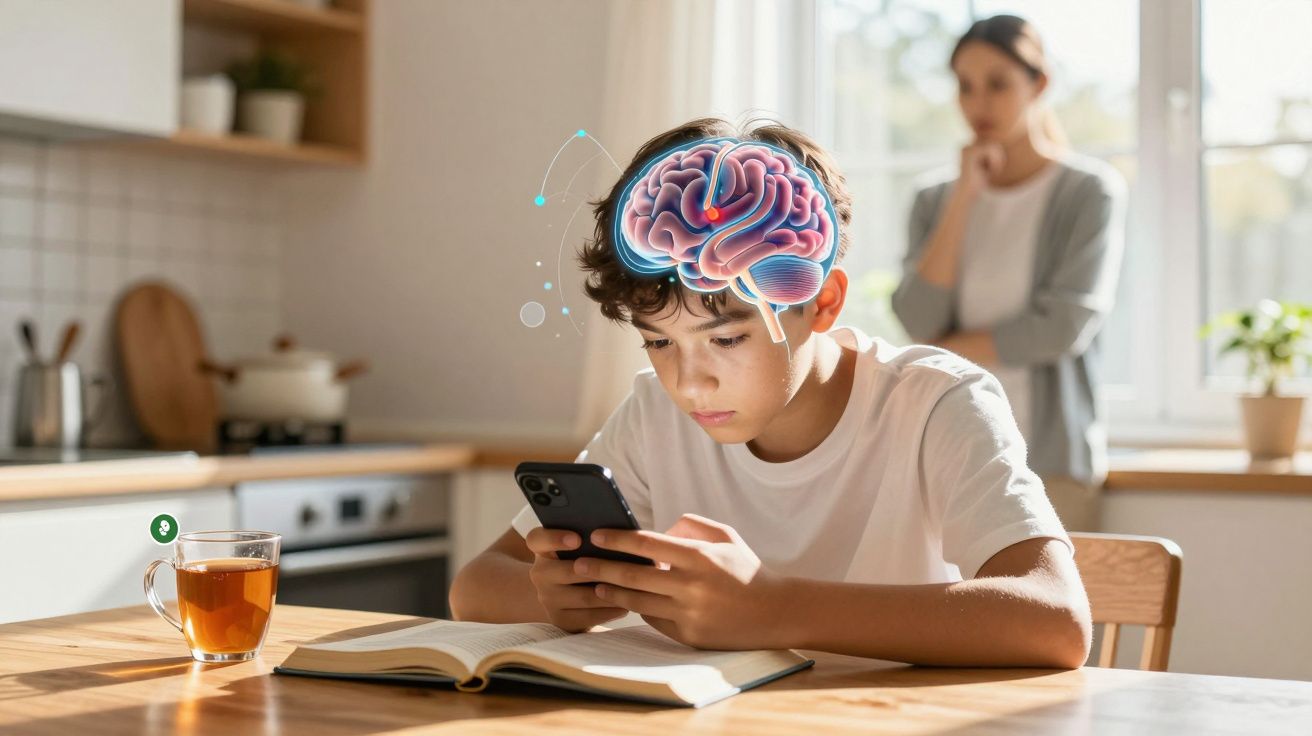 Rapaz focado no telemóvel com ilustração de cérebro, enquanto mulher observa ao fundo numa cozinha iluminada.