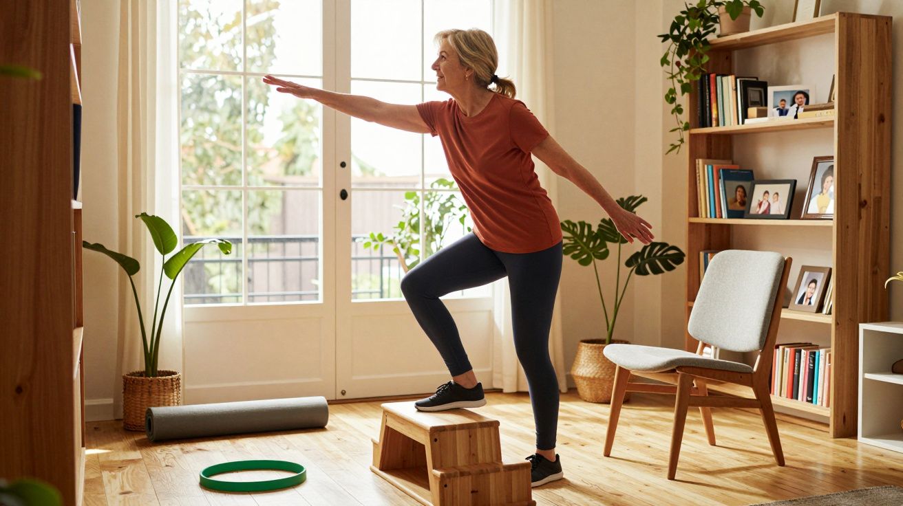 Mulher madura a fazer exercício em casa numa sala iluminada com plantas e mobiliário em madeira.
