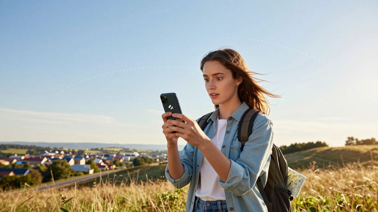 Jovem mulher com mochila e mapa usa smartphone em campo com vila ao fundo ao pôr do sol.