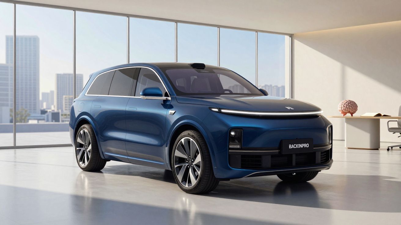 Veículo elétrico SUV azul estacionado num espaço interior moderno com grandes janelas e vista urbana.