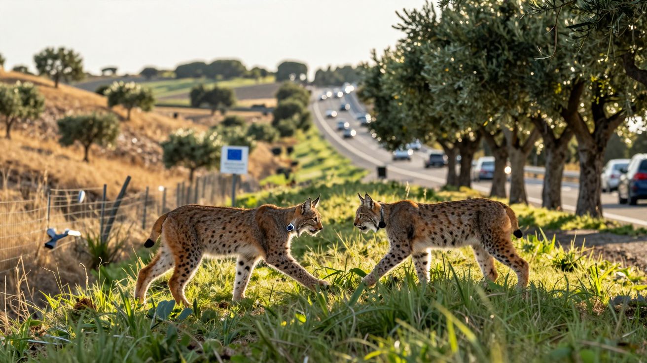 Dois linces ibéricos com colares sensores junto a uma estrada e oliveiras numa paisagem rural ao pôr do sol.